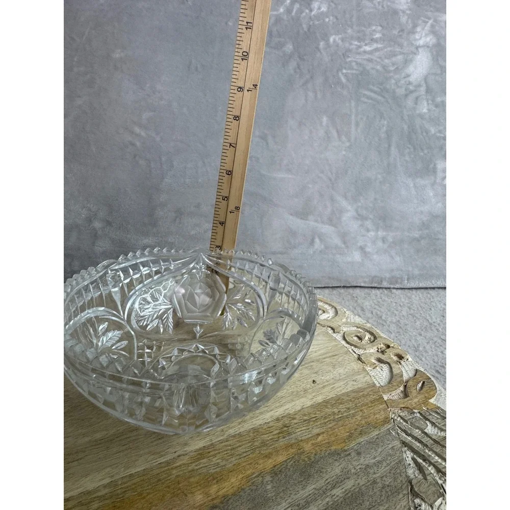 Vintage Frosted Rose Crystal Glass Bowl Scalloped‎ Floral Candy Dish 7